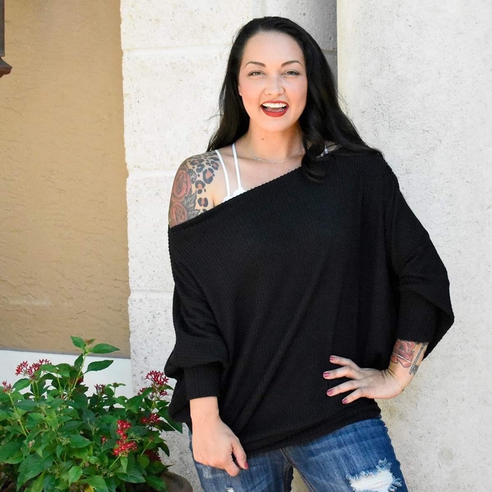 Brushed Black Waffle Weave Off The Shoulder Top - Picture 2 of 3